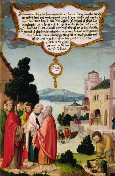 Himlens Rige er som et net, der blev kastet i havet og samlet fisk af enhver art (Matt 13) illustration af Kristi lære, del af vingepanelet fra Mompelgarter-altertavlen af Matthias Gerung or Gerou
