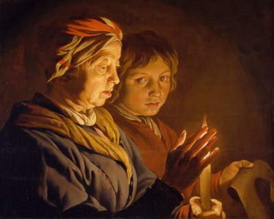 Gammel kvinde og en dreng ved levende lys, 1630-1650. af Matthias Stomer