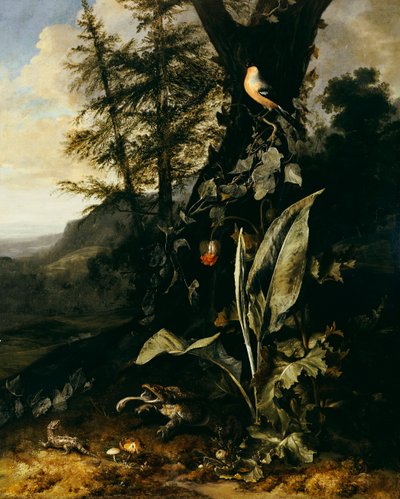 En skovbund med en tudse og en firben, en bullfinch på en gren af efeu ovenover og et bjerg bagved af Matthias Withoos