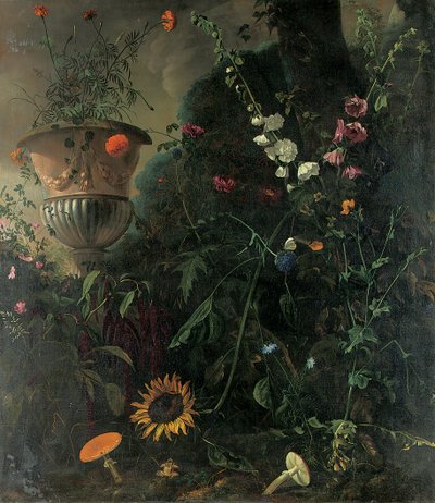Stokroser, roser, en blå blondeblomst, solsikke og paddehatte, med morgenfruer i en urne ved et træ af Matthias Withoos