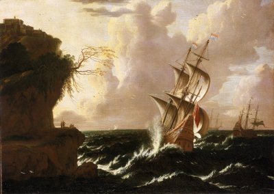 Et hollandsk skib i stormvejr foran en klippe med befæstede bygninger på toppen. Olie på lærred af Matthieu van Plattenberg (1608-1660). af Matthieu van (c.1608 60) Plattenberg