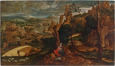 Landskab med resten på flugten til Egypten, 1540-1545. af Matthijs Cock