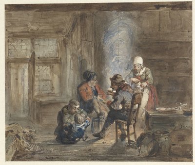 Interiør med en familie omkring en pejs af Matthijs Maris