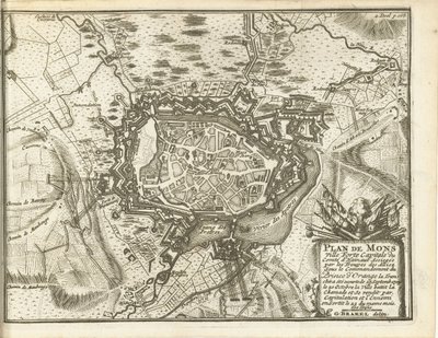 Beleg van Bergen, 1709 Kort over Mons Ville Forte (...) Belejret af Alliez-tropper. under kommando af Prinsen af ​​Orange (...) (titel på objekt) af Matthijs Pool (possibly)
