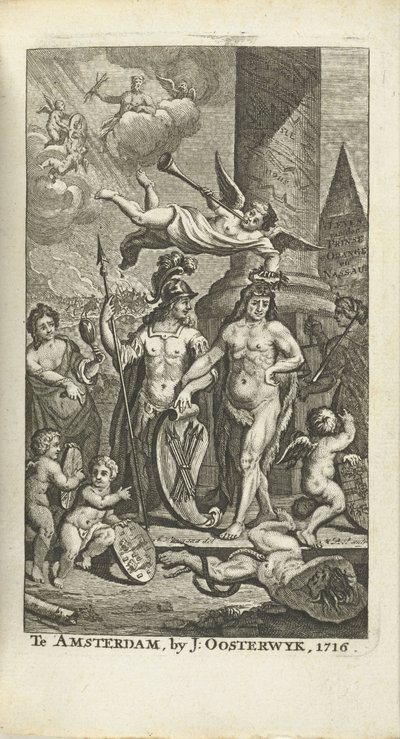 Indgraveret titelblad til J. Lamigue: The life of Zyne Hoogheit Johan Willem Friso, 1716 af Matthijs Pool