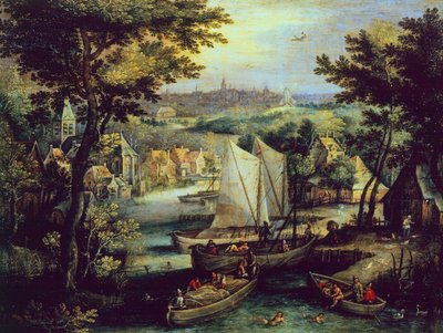 Flodlandskab, af Mathys Bril Younger (1550-1583), olie på kobber af Matthijs the younger Bril