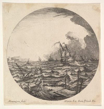 Storm i en rundel komposition, ved venstre bølger kaster et lille skib optaget af syv..., ca. 1625-60. af Matthijs van Plattenberg