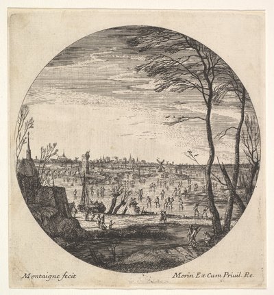 Vinterlandskab med kunstskøjteløb på en frossen vandmasse i en rundelkomposit..., ca. 1625-60. af Matthijs van Plattenberg