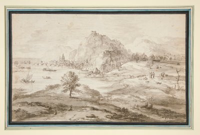 Bjerglandskab med havn og by af Matthys Cock