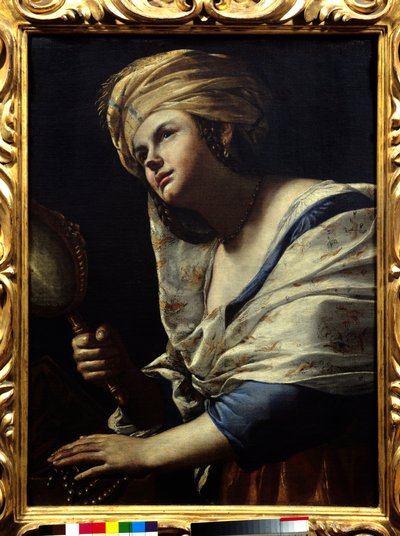 Vanite Woman with Turban and Mirror - Maleri af Mattia Preti (1613-1699) Firenze fra 1600-tallet, Uffizi-galleriet af Mattia Preti