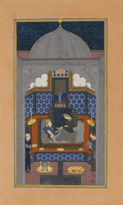 Bahram Gur og den indiske prinsesse i det mørke palads lørdag, Folio 23v..., ca. 1430. af Maulana Azhar