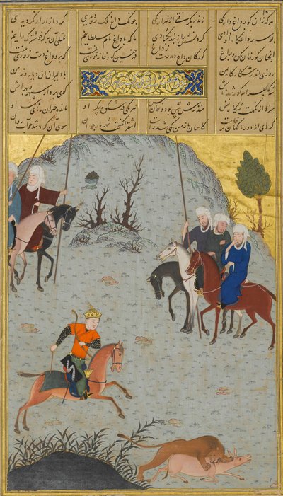 Bahram Gur on the Chase, Folio 10r fra en Haft Paikar Seven Portraits..., af Nizami, ca. 1430. af Maulana Azhar