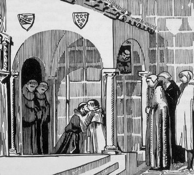 Fransk kong Saint Louis (Louis IX 1214-1270) som pilgrim på besøg i Saint Frere Gilles i Perugia, indgraveret af Jacques Beltrand efter tegning af Maurice Denis af Maurice (after) Denis