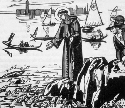Frans af Assisi prædiker for fiskene i Rimini, indgraveret af Jacques Beltrand efter tegning af Maurice Denis af Maurice (after) Denis