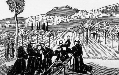 Frans af Assisis død, der velsigner byen Assisi, indgraveret af Jacques Beltrand efter tegning af Maurice Denis af Maurice (after) Denis