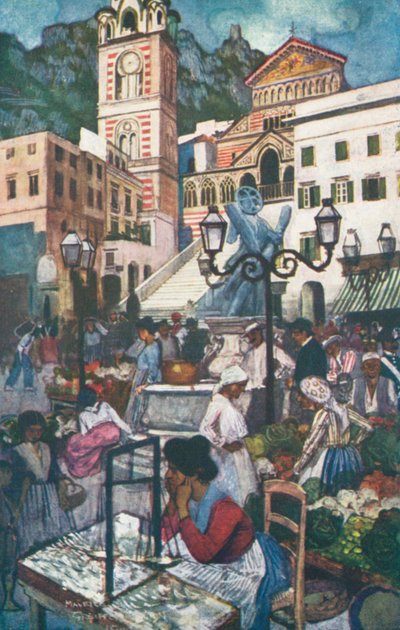 Amalfi, Piazza og Duomo (farvelitografi) af Maurice (after) Greiffenhagen
