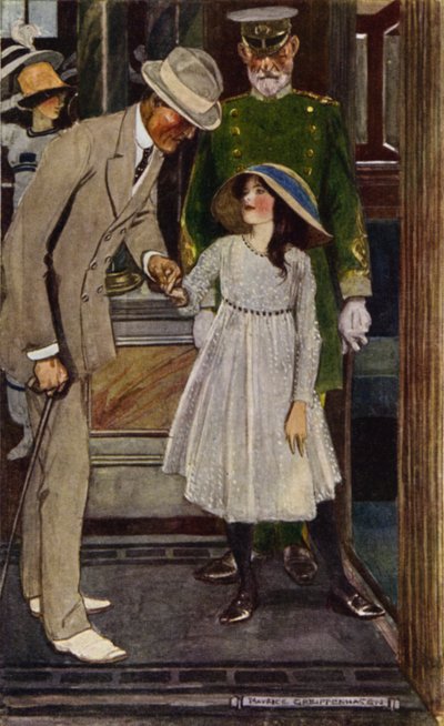 Besøg i Bagdad: Entering the Elevator (farve litho) af Maurice (after) Greiffenhagen