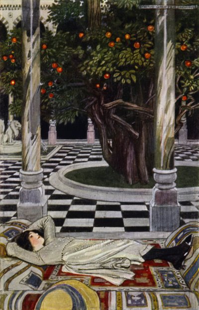 Besøg i Bagdad: På forgården (farve litho) af Maurice (after) Greiffenhagen