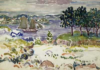 Indløb med sejlbåd, Maine, ca. 1913-1915. af Maurice Brazil Prendergast