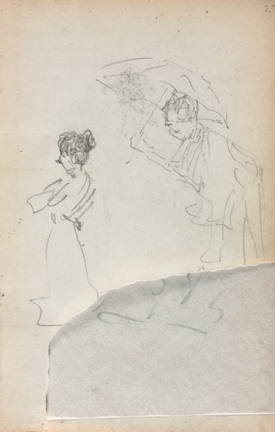 Italiensk skitsebog: Stående kvinde i profil & mand med en paraply side 2, 1898-1899. af Maurice Brazil Prendergast