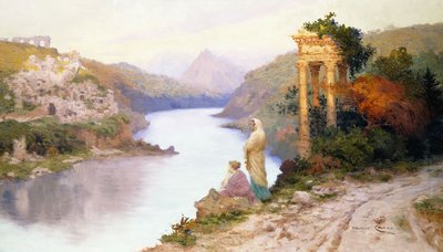 Figurer ved en flod med klassiske ruiner af Maurice Chabas