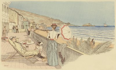 Et par på bryllupsrejse slapper af ved havet på øen Gallinara i Italien. (farve litografi) af Maurice Charles Mathieu Bonvoisin