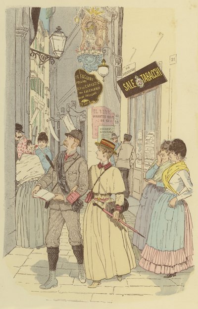 En mand og hans kone går gennem gyderne i Genovas gamle bydel. (farve litho) af Maurice Charles Mathieu Bonvoisin