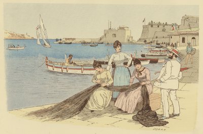 En mand, der chatter med en gruppe kvinder, der reparerer fiskenet i byen Villefranche, Frankrig (farve litho) af Maurice Charles Mathieu Bonvoisin