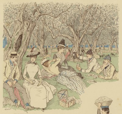 En picnic under oliventræerne i Beaulieu i Sydfrankrig (farve litografi) af Maurice Charles Mathieu Bonvoisin