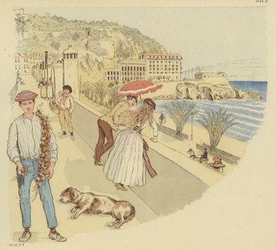 En løgsælger med sine varer og folk nyder terrassen, der fører op til bjerget Rauba-Capeu, Nice (farve litho) af Maurice Charles Mathieu Bonvoisin