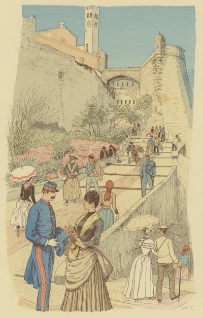 Folk, der går på den store trappe ved det kongelige palads, Monaco. (farve litho) af Maurice Charles Mathieu Bonvoisin