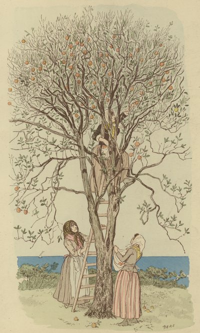 Plukke appelsiner ved Middelhavet (farve litho) af Maurice Charles Mathieu Bonvoisin