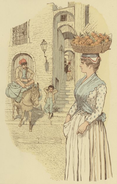 Gadeliv i de smalle gyder i den gamle bydel i San Remo, Italien. (farve litho) af Maurice Charles Mathieu Bonvoisin