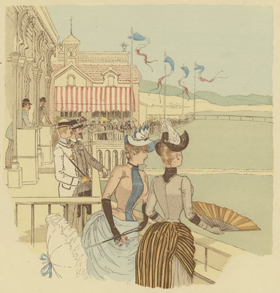 Publikum, der ser duen skyde på ved La Condamine i Monte Carlo, Monaco. (farve litho) af Maurice Charles Mathieu Bonvoisin