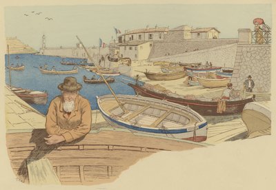 Typisk bådsmand i havnen i Nice, Frankrig (farve litho) af Maurice Charles Mathieu Bonvoisin
