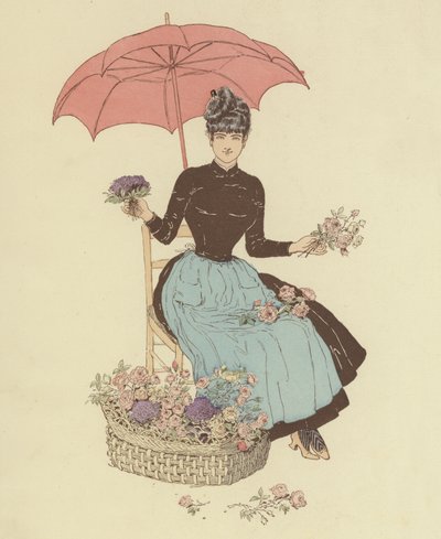 Kvinde sidder under en paraply og sælger blomster (farve litho) af Maurice Charles Mathieu Bonvoisin