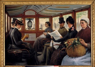 I omnibus passagerer bosætter sig i en omnibus. Maleri af Maurice Delondre (1800-tallet) 1890 søn. 0,66x0,94 m Paris, Musee Carnavalet af Maurice Delondre