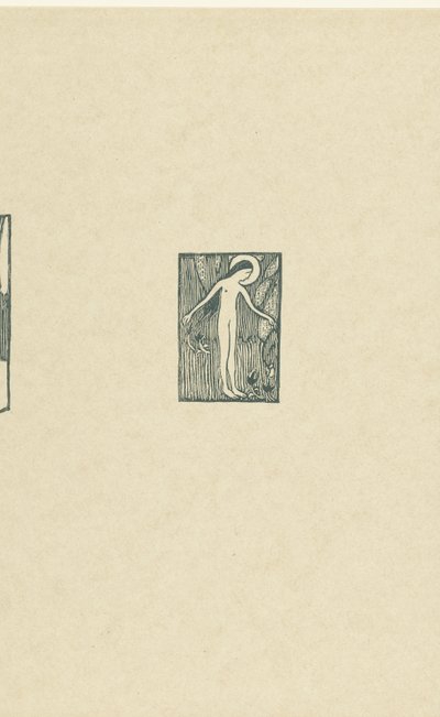 Illustration med en nøgen kvindelig helgen, der står ved et træ nær et digt i en digtsamling af Paul Verlaine Petit bois pour Sagesse L
