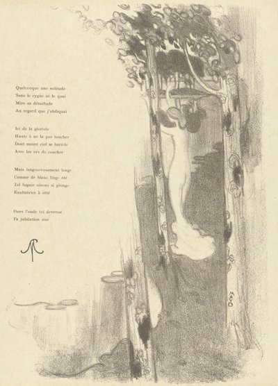 Illustration med en nøgen kvinde stående mellem træer ved en sø med digtet Petit Air af Stéphane Mallarmé Illustration pour le sonnet Petit Air af Stéphane Mallarmé L