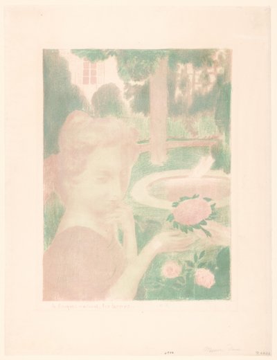 Ung kvinde modtager blomsterbuket i en have Le bouquet matinal, les larmes... (titel på objekt) Repræsentationer af kærlighed (serietitel) Amour (serietitel) af Maurice Denis