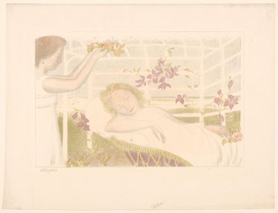 Sovende pige får blomsterkrans Allegori (titel på objekt) Repræsentationer af kærlighed (serietitel) Amour (serietitel) af Maurice Denis