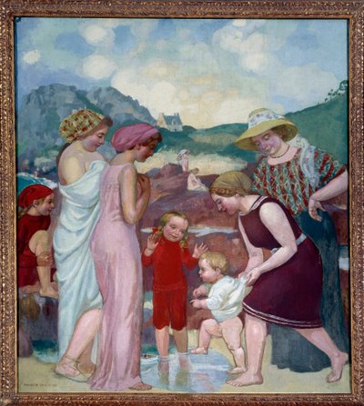 De første skridt. En ung dreng tager sine første skridt foran sin mor og familie af Maurice Denis