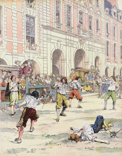 Boutteville og Beuvron kæmper en duel på Place Royale af Maurice Leloir