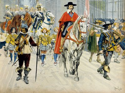 Frankrigs historie: Kong Ludvig XIIIs (1601-1643) og kardinal Richelieu (Armand Jean du Plessis) entrage af Maurice Leloir