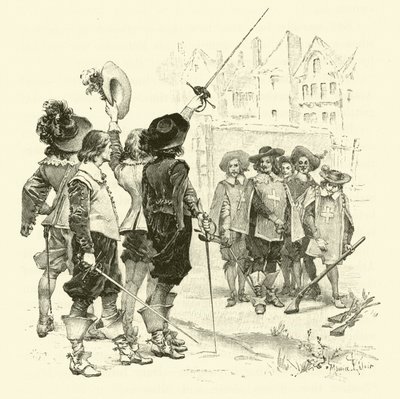 Illustration til De tre musketerer (gravering) af Maurice Leloir