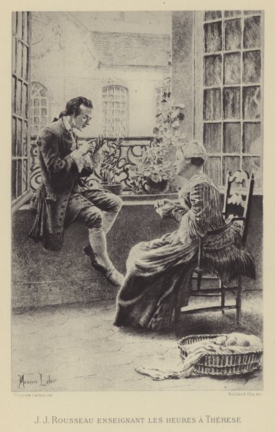 Jean-Jacques Rousseau lærer Therese timerne (gravure) af Maurice Leloir