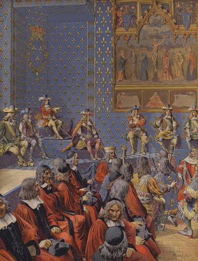 Kong Ludvig XIV sidder i støvler ved parlamentet af Maurice Leloir