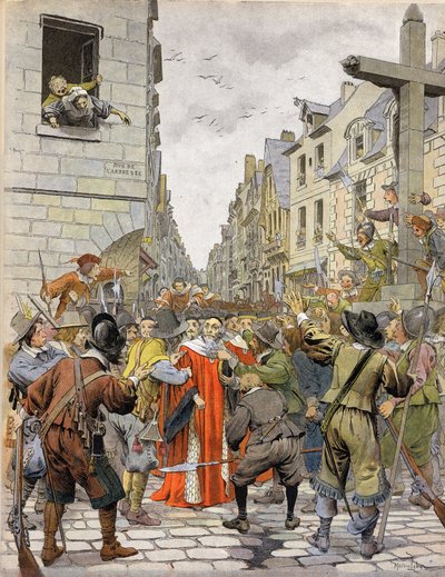 La Fronde: Journees des Barricades (august 1648): Ved korset af Trahoir (på hjørnet af Saint Honore-gaderne (Saint-Honore) og af Dry Arbre i Paris), kræver folkemængden, at Mathieu Mole (1584-1656), første formand for parlamentet, gå til Palais R af Maurice Leloir