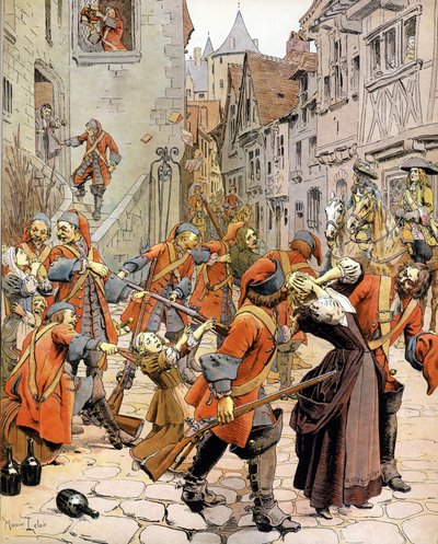 Les Dragonnades (1681-1685): spredning af en protestantisk familie af tropper af drager, der er anklaget for at omvende protestanter. Kromotypografi i "" Le Roy Soleil"" (Louis XIV) af Gustave Toutwelve, Illustration af Maurice Leloir (1853-1940) af Maurice Leloir