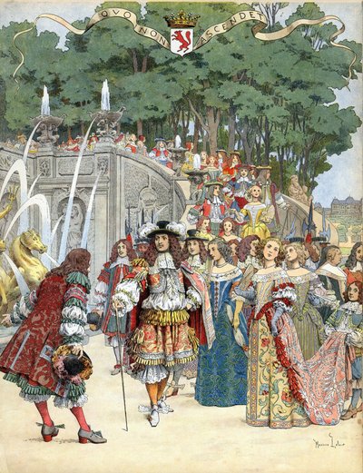 Nicolas Fouquet modtager den engelske konge Ludvig XIV i hans slot Vaux Le Vicomte, Frankrig, 17. august af Maurice Leloir